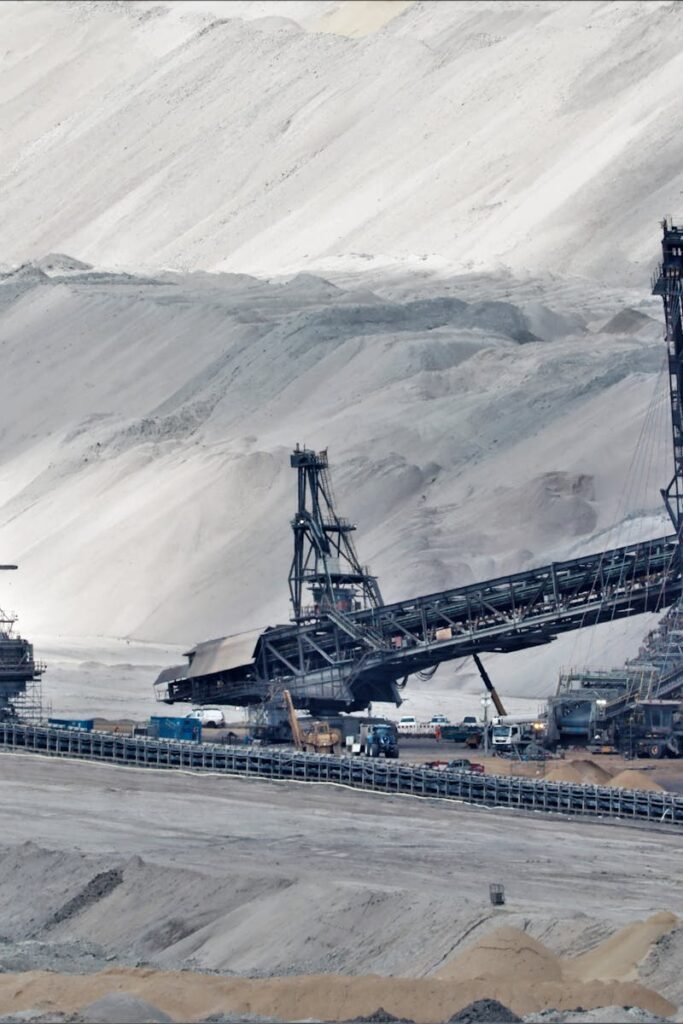 A large bucket wheel excavator operates in a vast industrial mining area, illustrating heavy machinery in action.