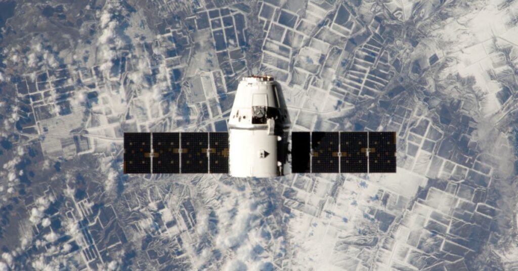High-resolution image of a satellite orbiting Earth, showcasing space technology.