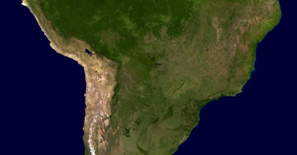 High-resolution satellite image showing the vibrant landscape of South America.